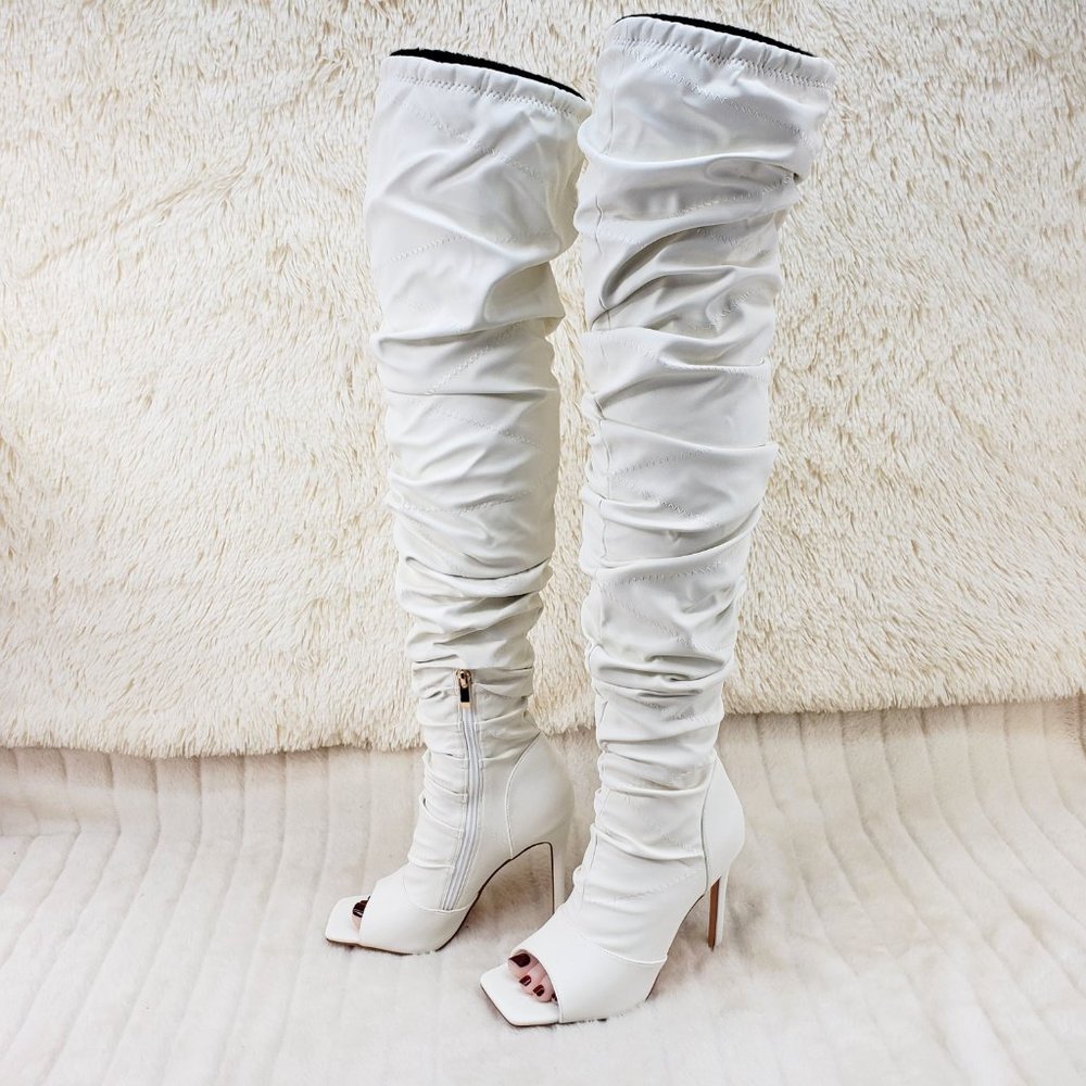 Bone White Square toe Thigh Boots Scrunch Slouch boots_13